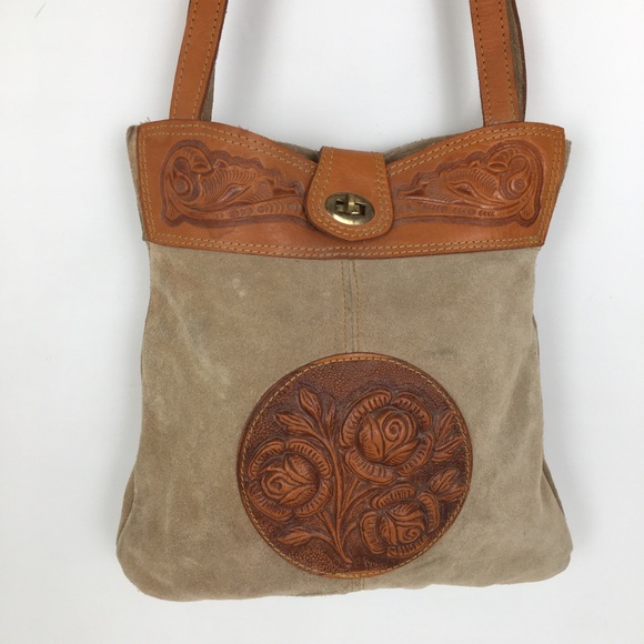 Vintage Mont-Abur Boho Tooled Leather Suede Shoulder Bag Purse Hippie Floral - Picture 3 of 15